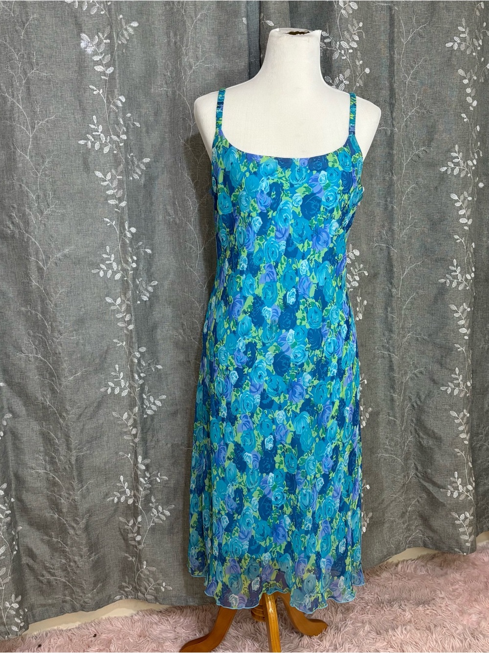 Blue Floral Midi Slip Dress with Spaghetti Straps